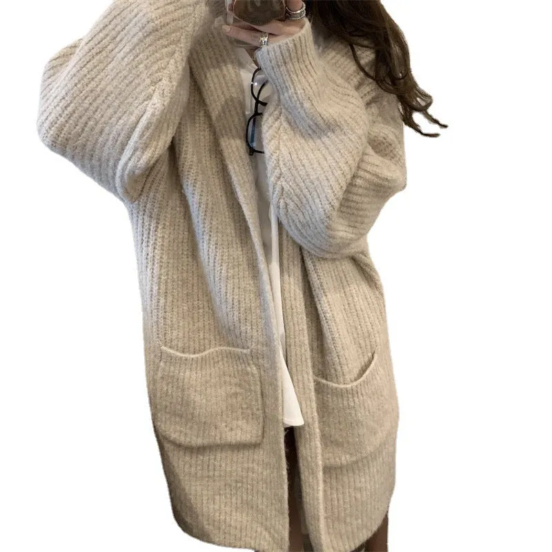 Loose Slouchy Pit Stripe Pocket Knitted Cardigan Mid Length Hooded Sweater