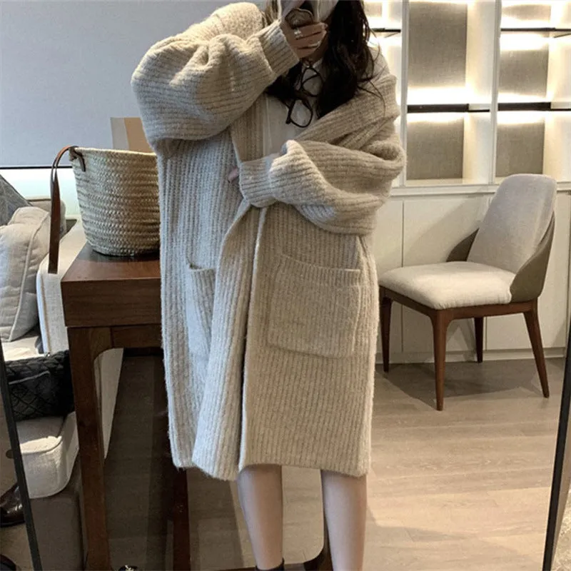 Loose Slouchy Pit Stripe Pocket Knitted Cardigan Mid Length Hooded Sweater