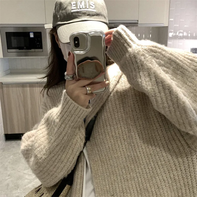 Loose Slouchy Pit Stripe Pocket Knitted Cardigan Mid Length Hooded Sweater