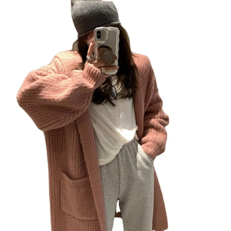 Loose Slouchy Pit Stripe Pocket Knitted Cardigan Mid Length Hooded Sweater
