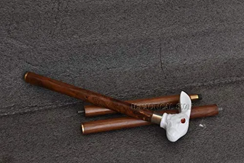 M.Nautical Star Brass Antique Walking Stick White Rabbit Shape Handle Nautical Style Fully Handmade Design with Wooden Stick