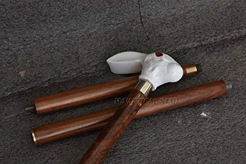 M.Nautical Star Brass Antique Walking Stick White Rabbit Shape Handle Nautical Style Fully Handmade Design with Wooden Stick
