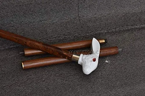 M.Nautical Star Brass Antique Walking Stick White Rabbit Shape Handle Nautical Style Fully Handmade Design with Wooden Stick