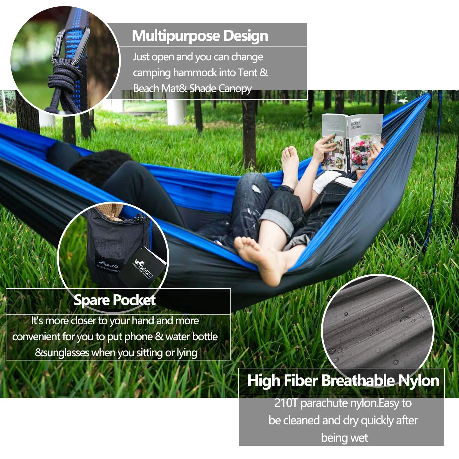 Parachute Double Camping Hammock with Tree Straps & LOOPS - Geezo