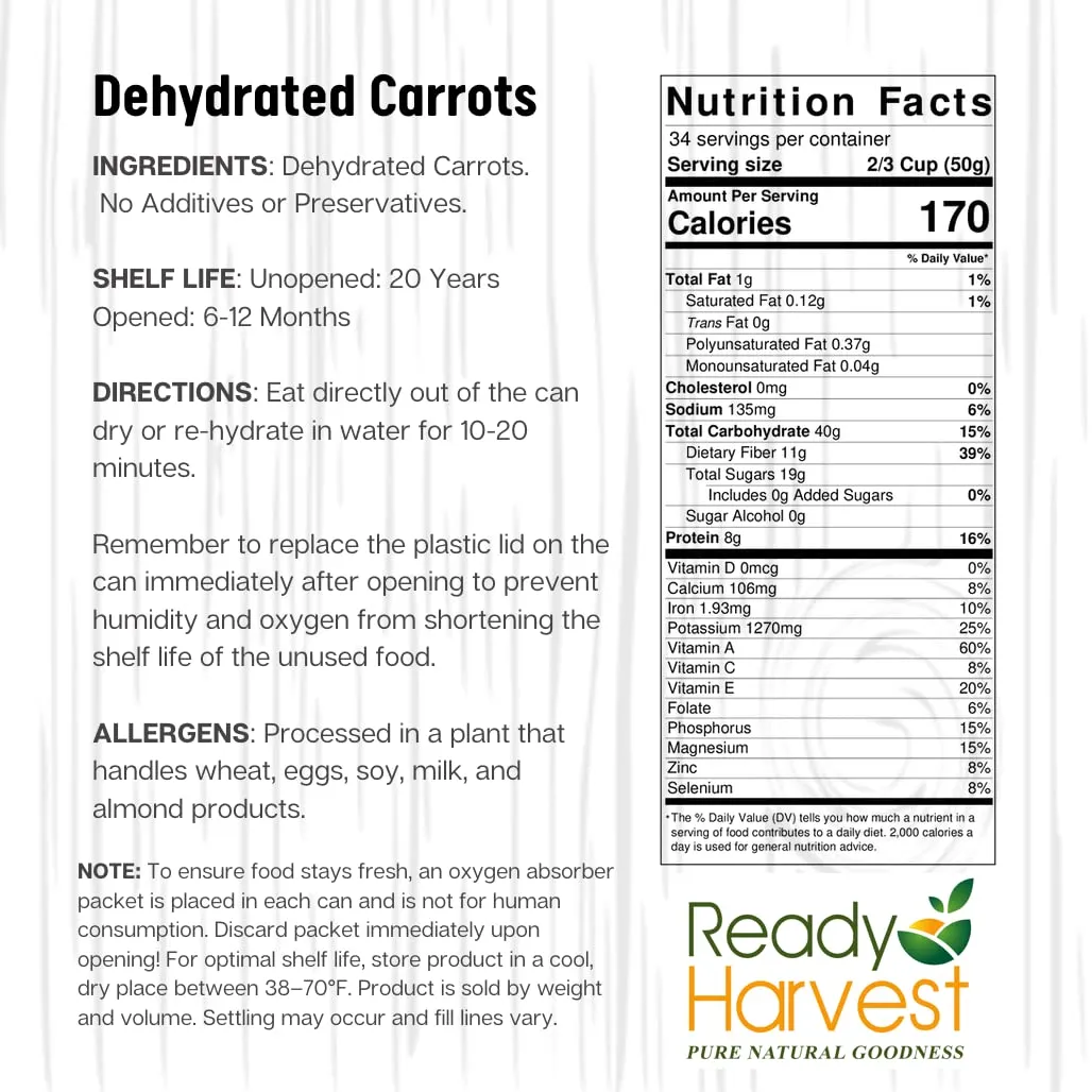 Ready Harvest Dehydrated Carrots - 25 Year Shelf Life - #10 Can