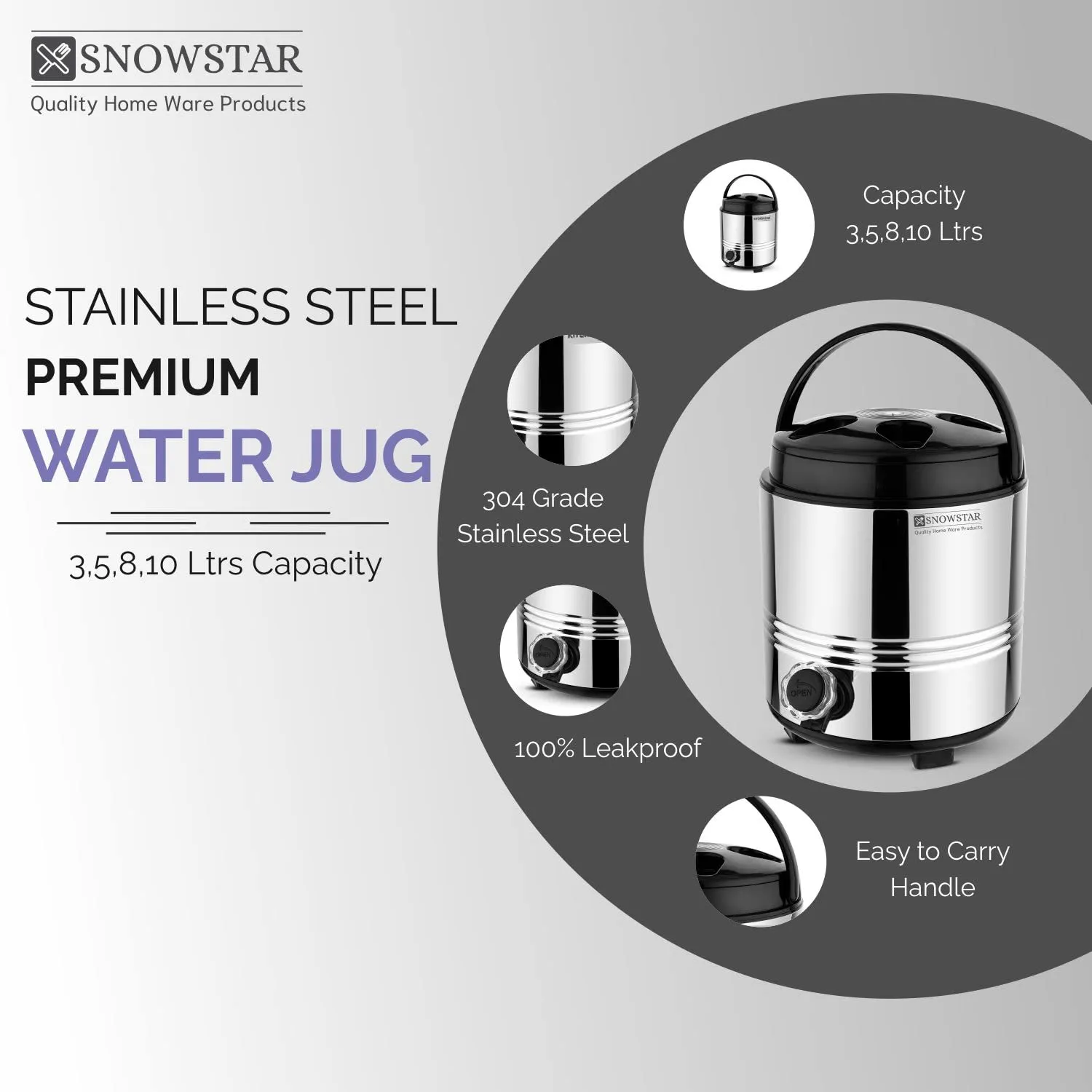 SNOWSTAR® 5 Liters Unbreakable Insulated Water Jug Bottle I 100% Food Grade BPA Free for Travels Home Office Hotel Hospital Picnic Sports I Hot and Cold