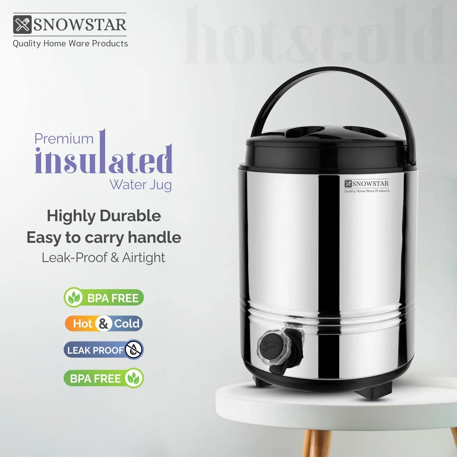 SNOWSTAR® 5 Liters Unbreakable Insulated Water Jug Bottle I 100% Food Grade BPA Free for Travels Home Office Hotel Hospital Picnic Sports I Hot and Cold