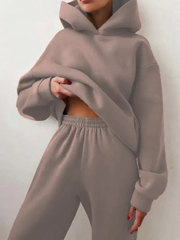 Women's solid color casual fashion trousers thickened long-sleeved hooded  set